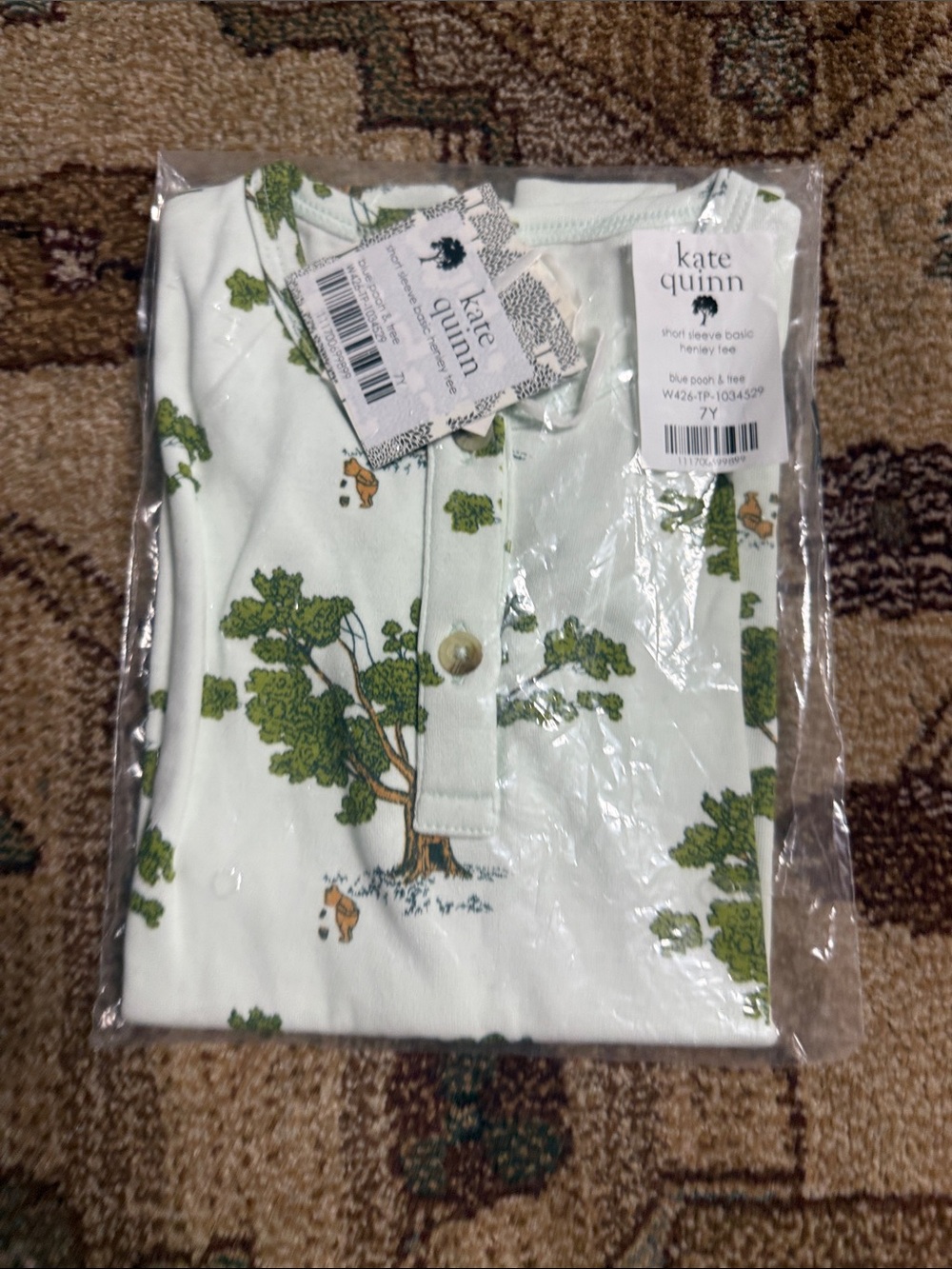Kate Quinn Winnie the Pooh short sleeve basic henley tee blue Pooh and tree 7
